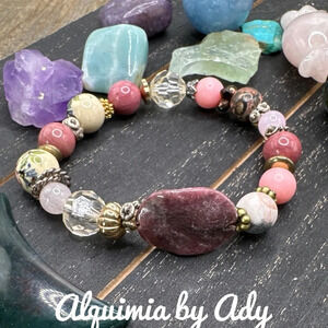 Chunky maximalist Rhodonite and rose Quartz beaded bracelet